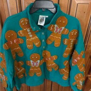 QUEEN OF SPARKLES Teal Sweater with Gingerbread Accents